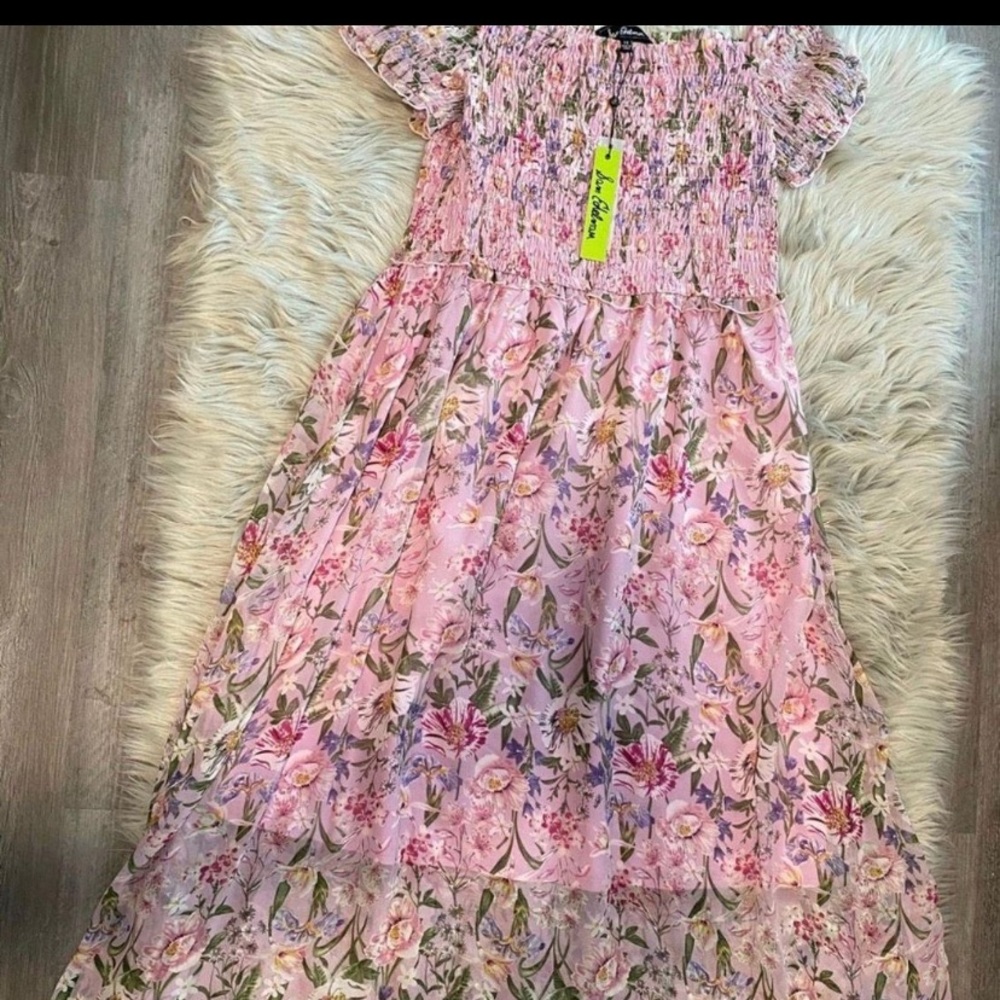 Sam Edelman Flowy Pink Floral Off The Shoulder Smocked Tea / Midi Dress Size 14